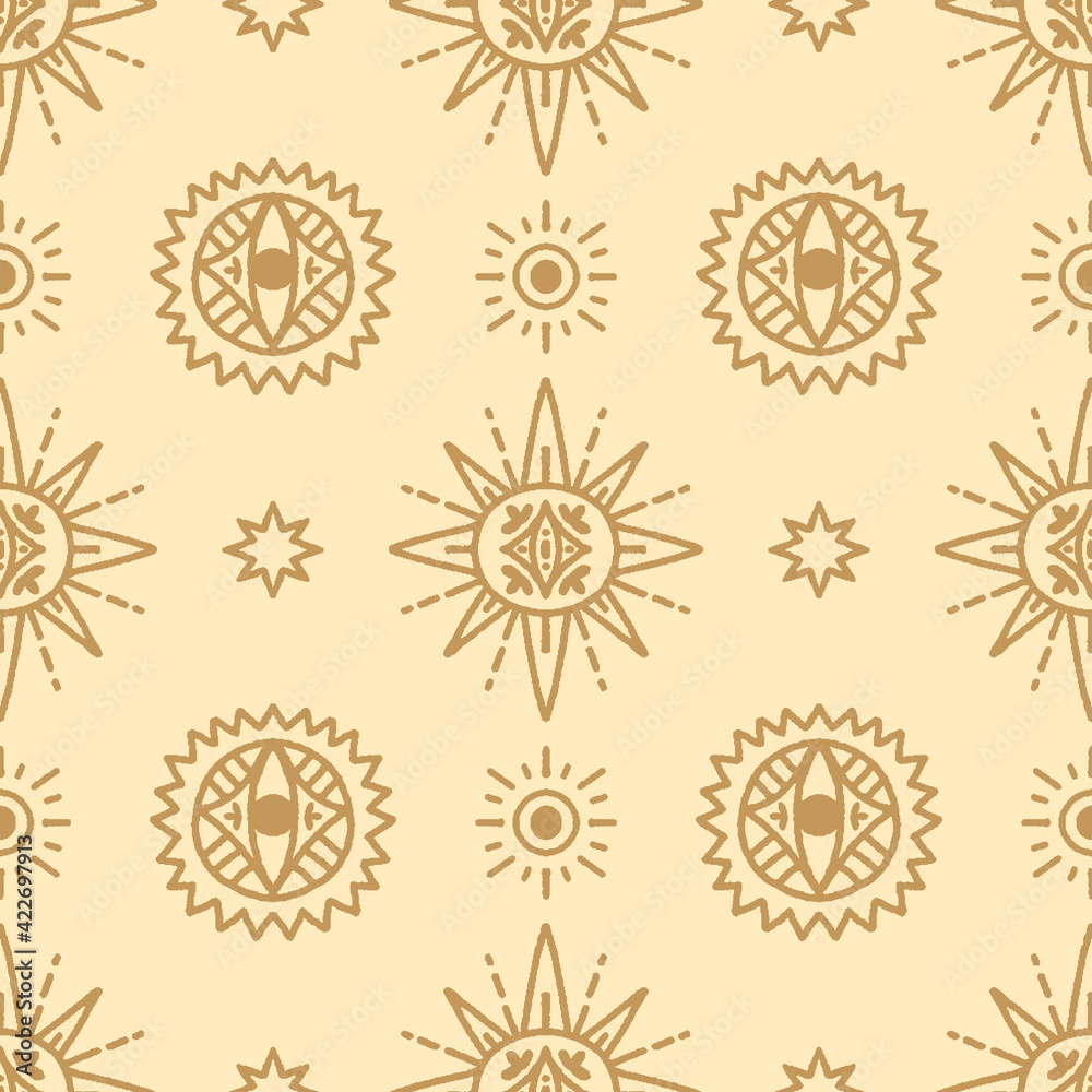 Seamless vector pattern with hand drawn solar elements. Tribal texture with suns.