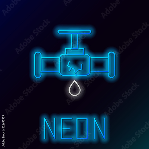 Glowing neon line Broken metal pipe with leaking water icon isolated on black background. Colorful outline concept. Vector