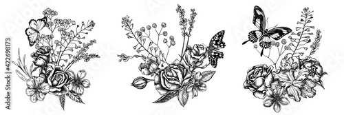 Flower bouquet of black and white shepherd s purse, heather, iris japonica, sakura, gypsophila, almond, lemon butterfly, plain tiger, papilio torquatus, roses
