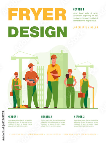 Construction team working on site. Builders, engineers, architects in helmets and overalls holding blueprints, toolkits, measuring tools. Vector illustration for building, engineering, labor