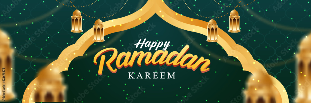 happy ramadan kareem banner. with realistic islamic ornament. web banner design. vector illustration