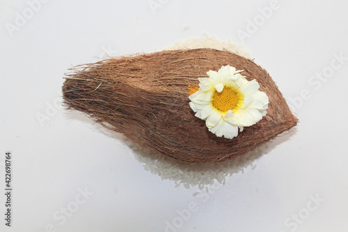 Coconut, flower, Rice, Kumkum & Turmeric, for puja or wedding ceremony. India photo