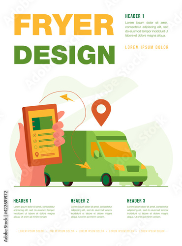 Customer using mobile app for tracking order delivery. Human hand with smartphone and courier van on street with map pointer above. Vector illustration for gps, logistics, service concept