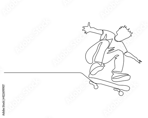 Skateboarder Continuous Line Art Drawing. Skateboarder Jump Line Art Vector Illustration. Black and White Outline Drawing.
