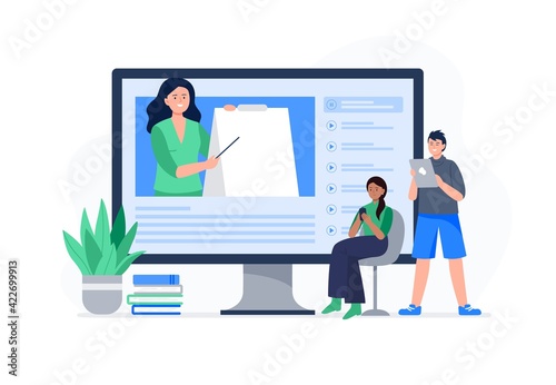 Young people watch online video lessons. Banner or background for a site with a distance education theme. Vector flat illustration.
