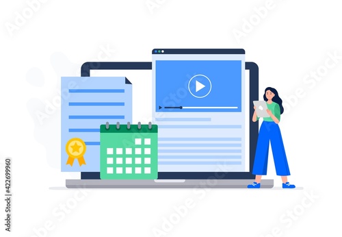 A woman starts an online course. Watching video lessons, schedule a calendar, getting a course completion diploma. Vector flat illustration.