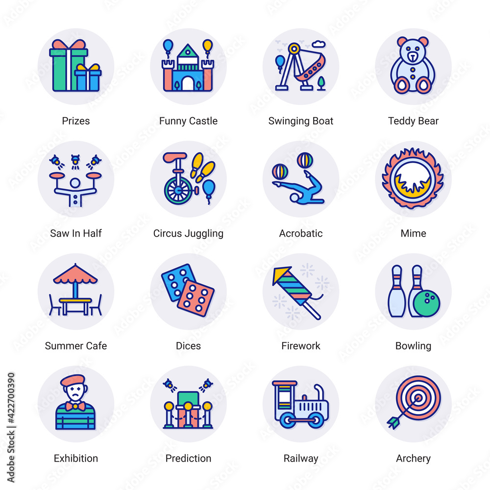Circus Elements Filled Circle Icons - Stroked, Vectors