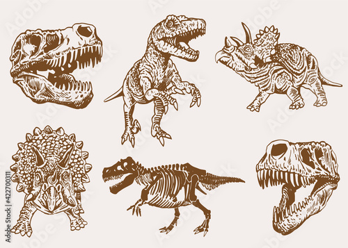 Graphical vintage set of dinosaurs ,sepia vector illustration,paleonthology photo