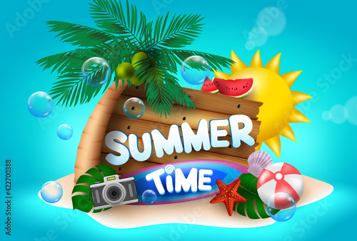 Summer time vector concept design. Summer time text in beach island with sun, palm tree, beach ball, camera and seashell elements in blue sea background. Vector illustration  
