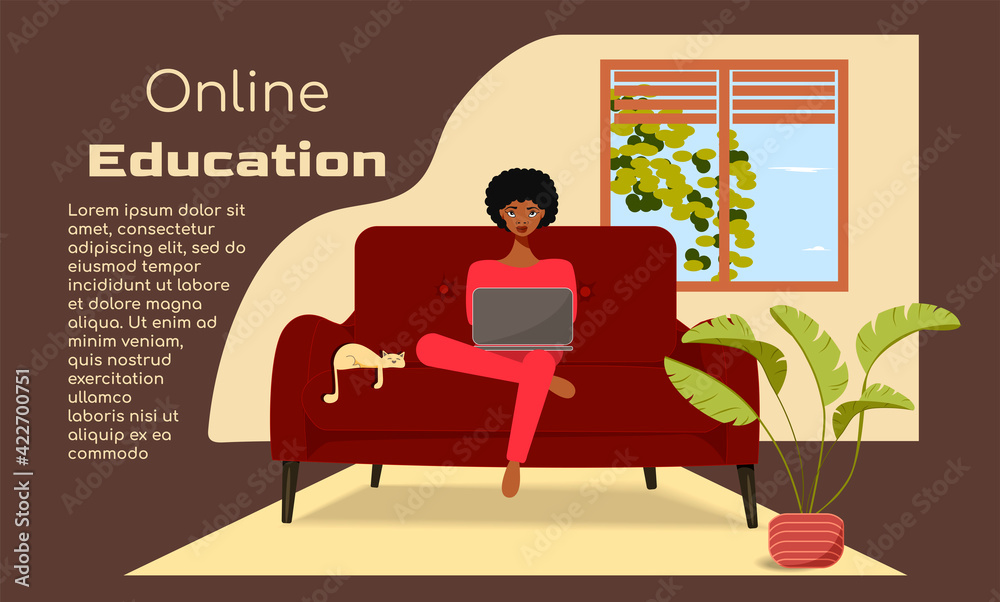 Online training, education. Dark-skinned girl on the couch with a laptop. The cat is in the room on the sofa. Poster, advertisement. Place for your text. Stock vector illustration, brown background Online training, education. Dark-skinned girl on the couch with a laptop. The cat is in the room on the sofa. Poster, advertisement. Place for your text. Stock vector illustration, brown background
