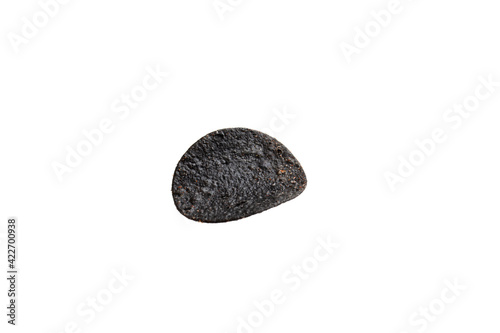 Black potato chips isolated on white background . Unusual chips. Unhealthy eat. Junk food. 