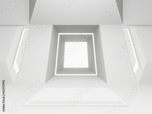 3D rendered white spaceship room stage. Futuristic background.