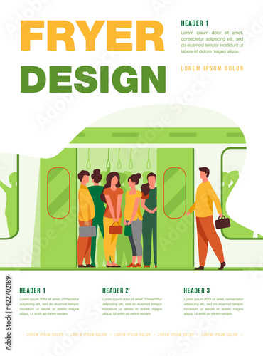 Crowd of commuters traveling by subway train. Metro passengers standing in overcrowding tube carriage. Vector illustration for public transport, commuting, rush hour concept