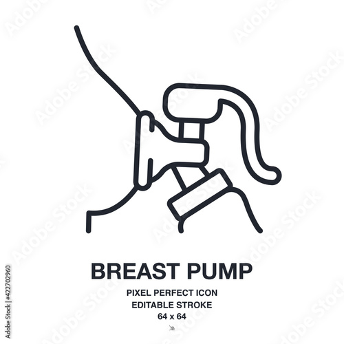Milk pump on breast editable stroke outline icon isolated on white background vector illustration. Pixel perfect. 64 x 64.