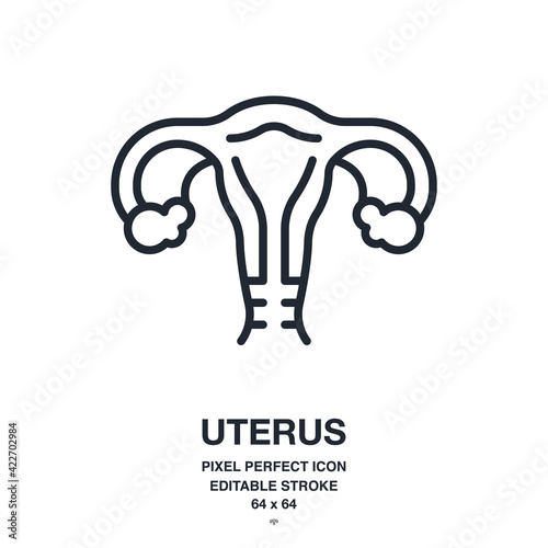 Uterus and female reproductive system editable stroke outline icon isolated on white background vector illustration. Pixel perfect. 64 x 64.
