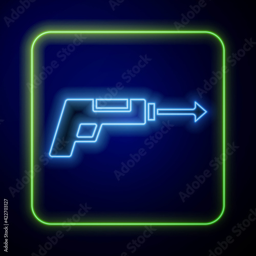 Glowing neon Fishing harpoon icon isolated on blue background. Fishery manufacturers for catching fish under water. Diving underwater equipment. Vector