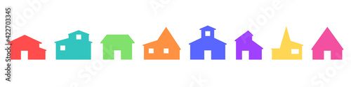 Set of silhouettes of houses in different colors isolated on a white background. Vector illustration