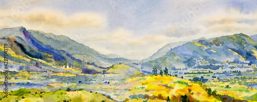 Panel kuchenny z motywem Watercolor landscape painting panorama colorful of natural beauty.