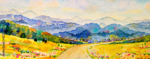 Watercolor landscape painting panorama colorful of natural beauty. photo