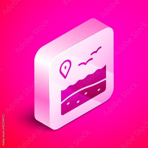 Isometric Location with beach icon isolated on pink background. Tropical beach landscape. Good sunny day. Silver square button. Vector