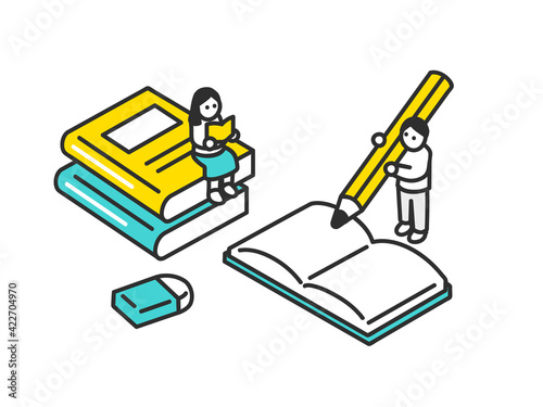 教科書を読む生徒とノートに書き込む生徒のイメージイラスト素材