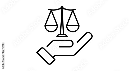 Ethics icon , law and justice. scale and hand line symbol .Vector linear illustration. Isolated