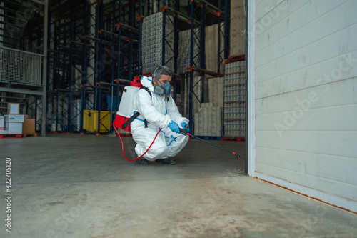 Fumigator sanitizing, cleaning and disinfection. Coronavirus pandemic professional control.