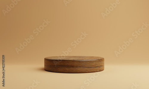 Fototapeta Naklejka Na Ścianę i Meble -  One brown wooden round cylinder product stage podium on orange background. Minimal fashion theme. Geometry exhibition stage mockup concept. 3D illustration rendering graphic design