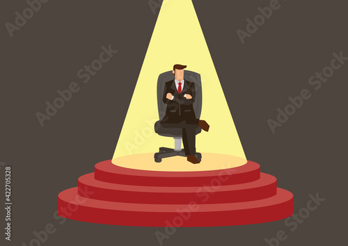 Businessman sitting with comfort with spotlight on top of a stage.