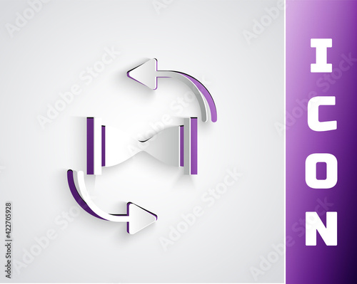 Paper cut Old hourglass with flowing sand icon isolated on grey background. Sand clock sign. Business and time management concept. Paper art style. Vector
