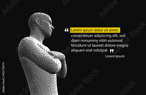 Man crossing his arms over his chest. Text in brackets. Cover design template. Voxel art. 3D vector illustration for presentation.