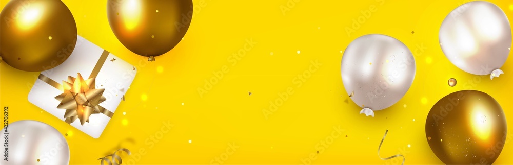 Celebration yellow template with balloons, gift box. Flat lay horizontal banner. Concept for web cover, social networks, promotional sales.Realistic vector background. - obrazy, fototapety, plakaty 