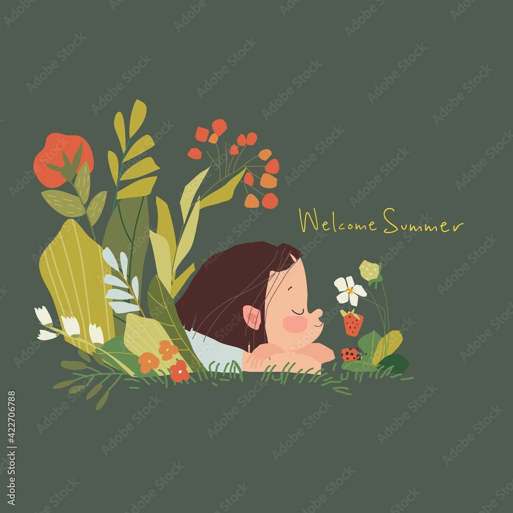 Cute little girl lying in grass and flowers Cute little girl lying in grass and flowers