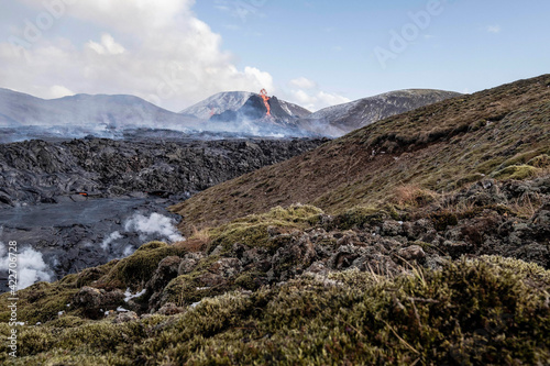 Fissure eruption in the Geldingadalur valley on Mount Fagradalsfjall near the town of Grindavik on the Reykjanes peninsula in southwest Iceland.  photo