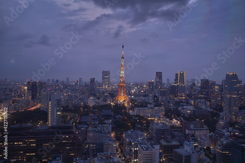 Tokyo Tower and urban skyline rooftop view at night  Japan.