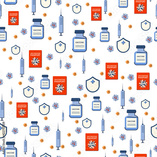Seamless pattern for textiles and packaging. Vaccinations and new travel. Vector