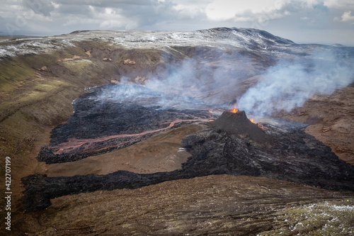 Fissure eruption in the Geldingadalur valley on Mount Fagradalsfjall near the town of Grindavik on the Reykjanes peninsula in southwest Iceland.  photo