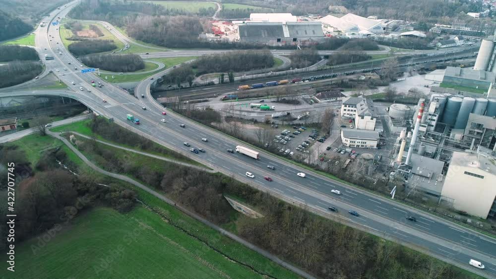 Aerial view of a highway, intersections and bridge