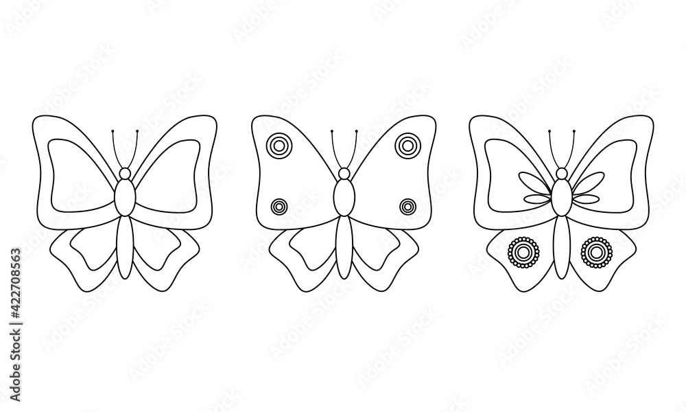 Cute cartoon butterflies, black and white vector illustration for coloring pages. Templates for coloring, isolated on white background. Coloring book for children. We draw with children. Vector Cute cartoon butterflies, black and white vector illustration for coloring pages. Templates for coloring, isolated on white background. Coloring book for children. We draw with children. Vector