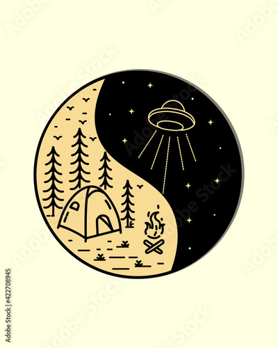the camp attacked by UFO in yin yang concept , mono line art, patch badge design vector design, Tee design, T-Shirt Design