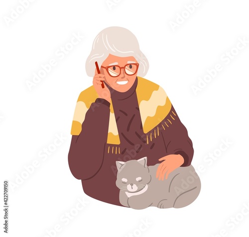 Happy old woman talking on mobile phone. Granny calling by smartphone. Grandma in glasses using cellular. Colored flat vector illustration of aged lady and cellphone isolated on white background