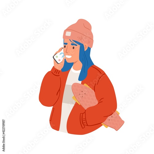 Young modern woman talking on mobile phone. Happy smiling teenager speaking on smartphone. Colored flat vector illustration of trendy person using cellphone isolated on white background