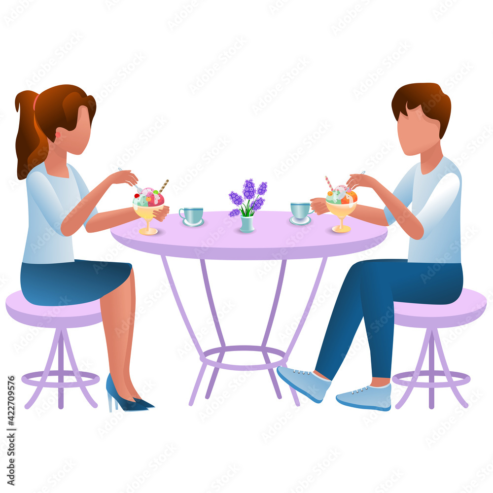 A guy and a girl are sitting at the table and eating dessert. Vacation concept or lunch break between work. Drawn flat style with gradient. Vector close-up. A guy and a girl are sitting at the table and eating dessert. Vacation concept or lunch break between work. Drawn flat style with gradient. Vector close-up.