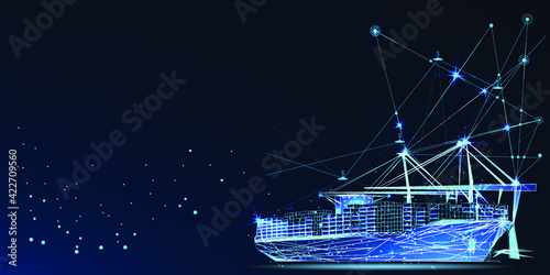 Cargo sea port. 3d ship, port crane and containers in dark blue. Container ships, transportation, logistics, business or worldwide shipping concept. Digital polygonal Abstract vector mesh illustration