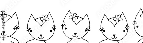 Cats seamless border outline. Repeating horizontal pattern with kitten heads. Cute Kittys black and white line art design for kids cards, ribbon, fabric trim, kids fashion, banner, footer, tapes.