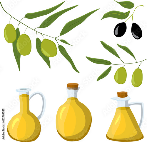 Olives set of elements with olive branches and fruits, and olives oil bottles. Color illustration in vector in cartoon doodle style.