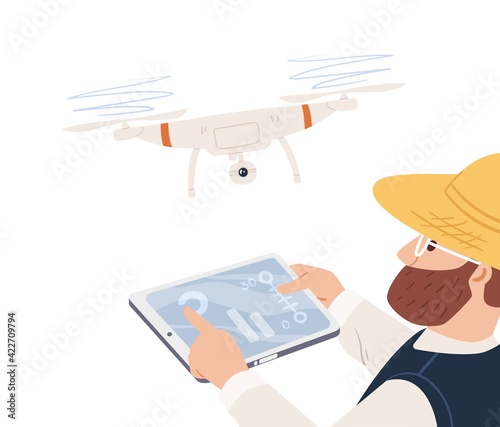 Modern farmer using drone for agriculture. Smart farm concept. Man analyzing, inspecting and controlling farming remotely with UAV. Colored flat vector illustration isolated on white background