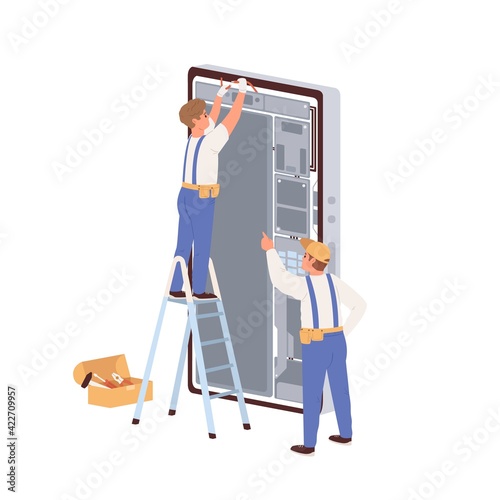 Masters repairing huge mobile phone isolated on white background. Tiny people...