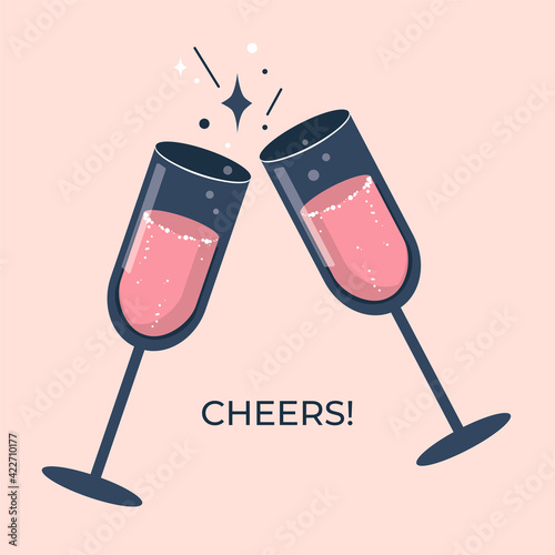 vector image of two glasses of sparkling champagne on a light background. cheers card design