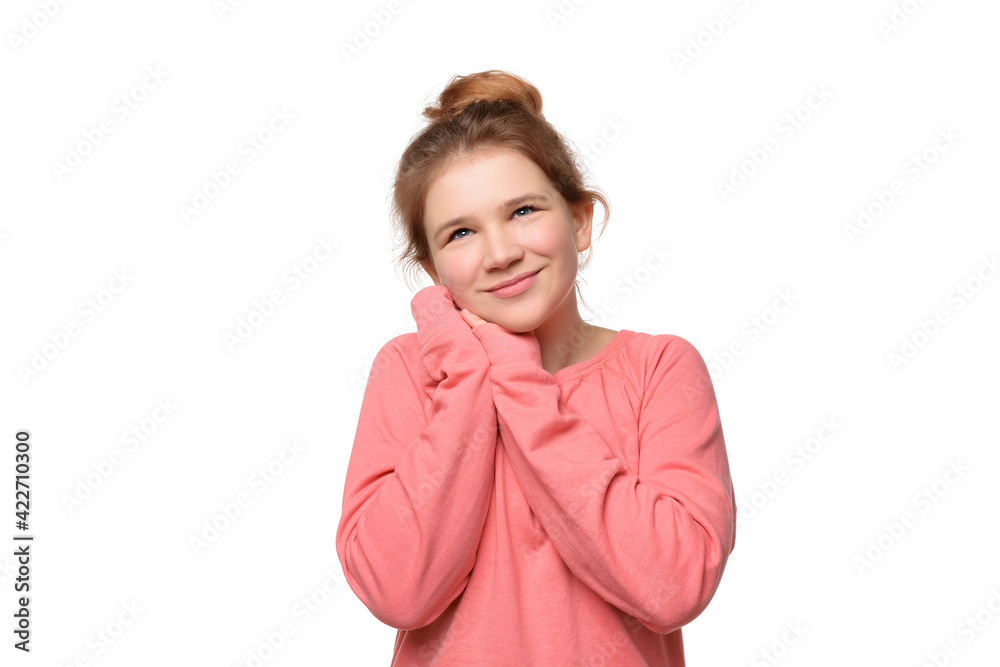 young girl feeling happiness, waiting for good thing happen, smiling leaning face on palms young girl feeling happiness, waiting for good thing happen, smiling leaning face on palms